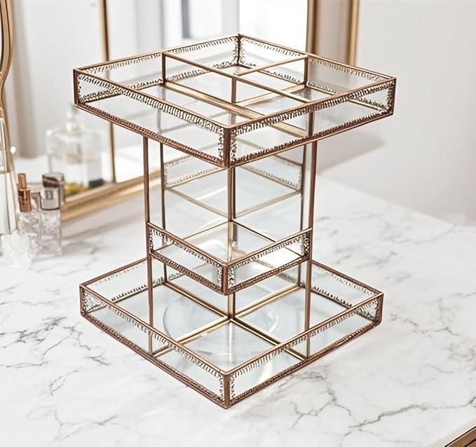 Vintage Glow Antique 360 Degree Rotating Makeup Organizer,4-Tier Spinning Perfume Tray,Countertop Cosmetic Storage ,Glass Beauty Display,Retro Large Capacity Vanity Organizer for Brushes Skincare
