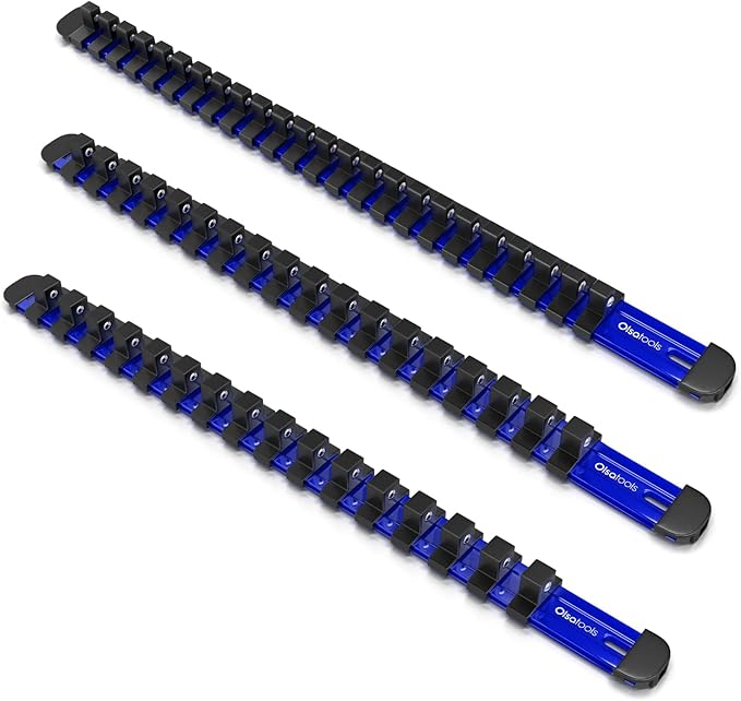 Olsa Tools 3 Pc Set Aluminum Socket Organizer with Locking End Caps | 1/4-Inch Drive x 24 Clips, 3/8-Inch Drive x 18 Clips, 1/2-Inch Drive x 16 Clips | Professional Quality Socket Holder (Blue)