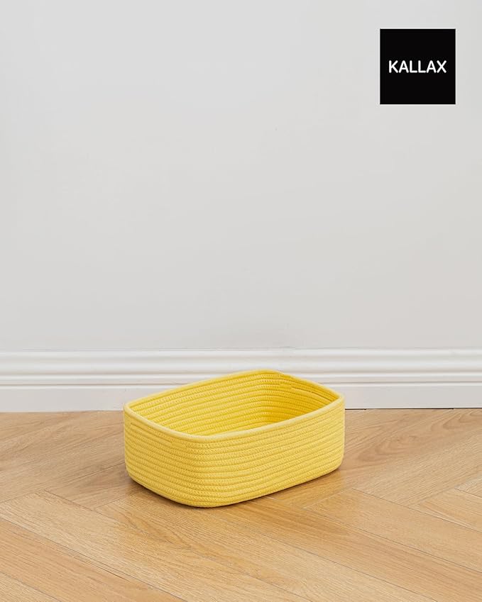 Small Woven Basket, 12 x 8 x 4.5 Inches, Storage Basket for Organizing, Cute Small Rope Shelf Closet Cube Storage Bins Baskets for Shelves, Dog Toy Gift Baskets Empty, 3 Pack Yellow