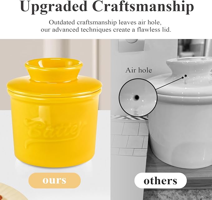 Ceramic Butter Crock with Lid & Spreader Knife, Butter Keeper - Ideal Butter Storage & Countertop Butter Dish, Yellow