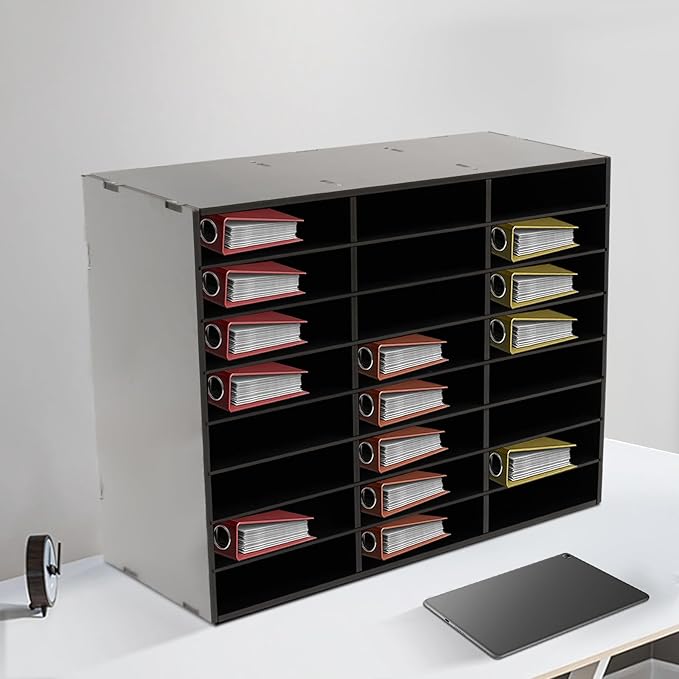 24 Compartments Literature Organizer, Desktop File Sorter Mail Center Paper Storage Cabinet Classroom Mailbox for Files Documents Papers Magazines (Black 24Slots)