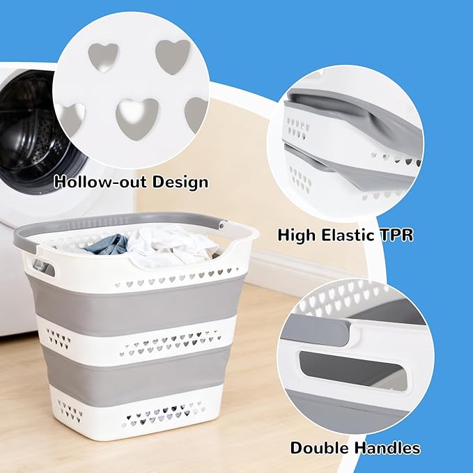 2 Pcs Collapsible Laundry Baskets for Dirty Clothes, 43L Plastic Laundry Hamper for Dorm Bedroom, Space Saving Pop-Up Laundry Hamper Container, Durable Foldable Laundry Basket with Handles (Grey)