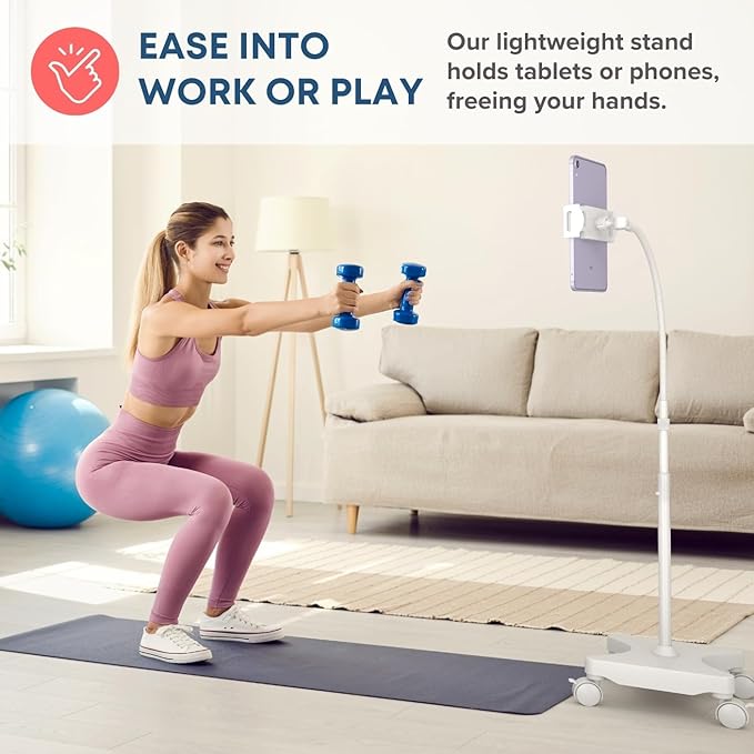 LEVO Gooseneck Tablet Floor Stand with Casters – Rolling Adjustable iPad Mount with Wheels, Height Tilt Rotation, Locking Mobile Base for Bedside, Couch, Chair, Hospital, Office, and Home – White