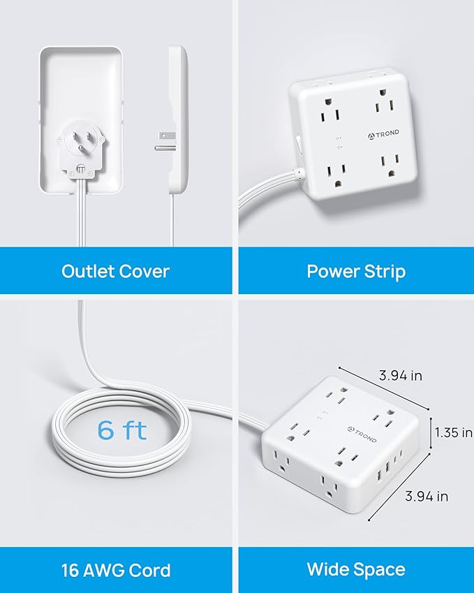 TROND Flat Outlet Cover Extender - 6FT Flat Extension Cord with 8 Outlet and 4 USB, Ultra-Thin Power Strip Cord Concealer with 1700 Surge Protector, Idea for Home Improvement to Hide TV Messy Cord