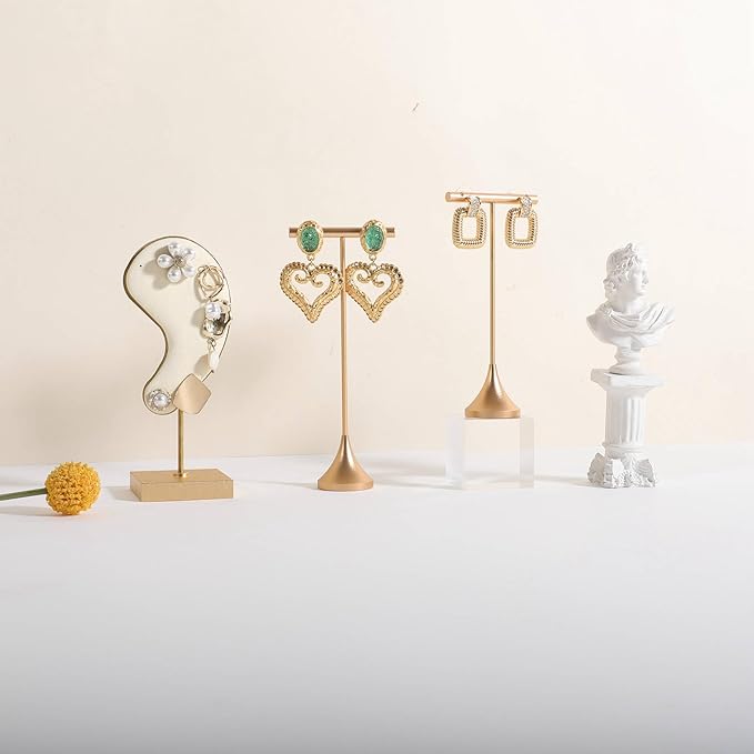 GemeShou Single Gold Earring T bar Stand, Metal earring display holder for show, Small jewelry studs hanger for Online store Photo Shoot【Gold-Cone Base Height 5.8"】