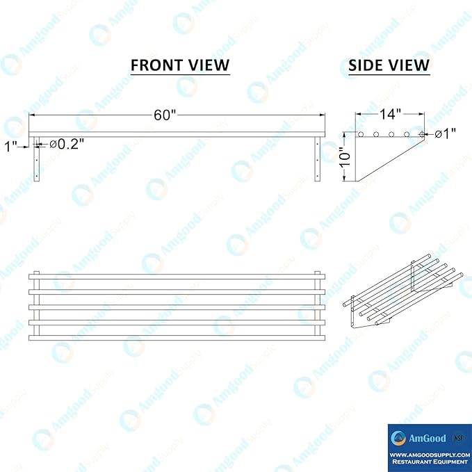 AmGood 14 in. x 60 in. NSF Stainless Steel Tubular Wall Shelf | Heavy-Duty Metal Shelving for Appliances & Equipment | Ideal for Kitchen, Restaurant, Garage, Laundry, Utility Room