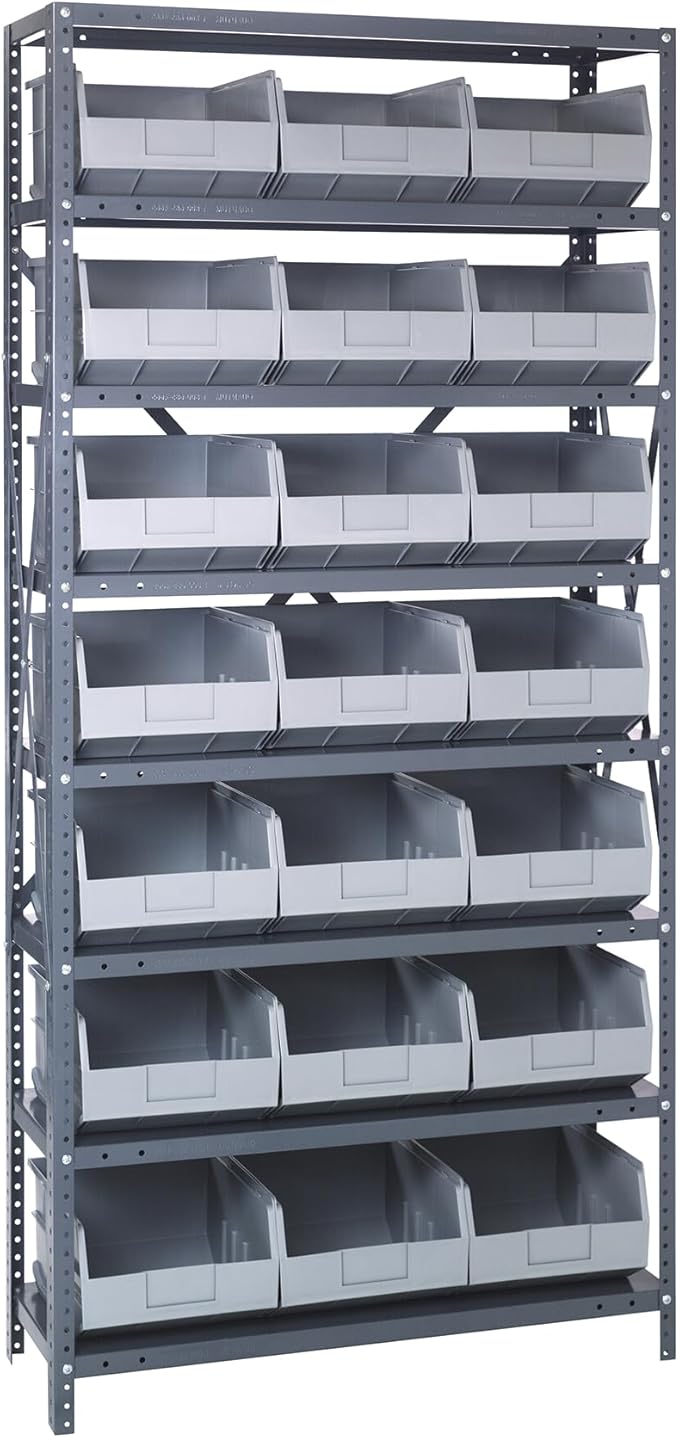 Quantum Storage Systems 2475-485GY Shelving Unit, 24" D x 36" L x 75" H, Carbon Steel, Galvanized with Gray Bins