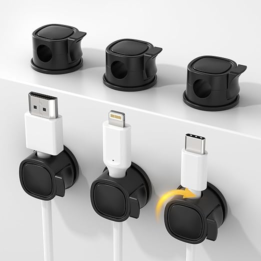 Rotatable Cord Organizer 6Pack, Spring Cable Clips With Clasp Lock, No-Residue Adhesive Cable Organizer, Cord Holder for Nightstand Car Home Office (Black)