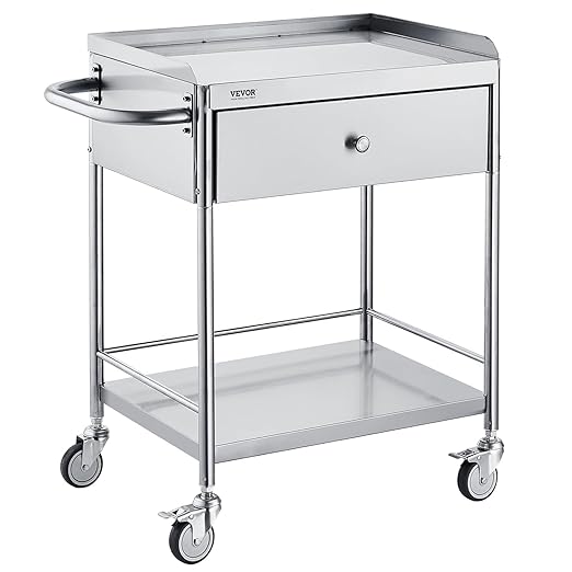 VEVOR Medical Cart, 2-Layer Stainless Steel Cart 220 lbs Weight Capacity, Lab Utility Cart with 360° Silent Wheels and a Drawer for Lab, Clinic, Kitchen, Salon