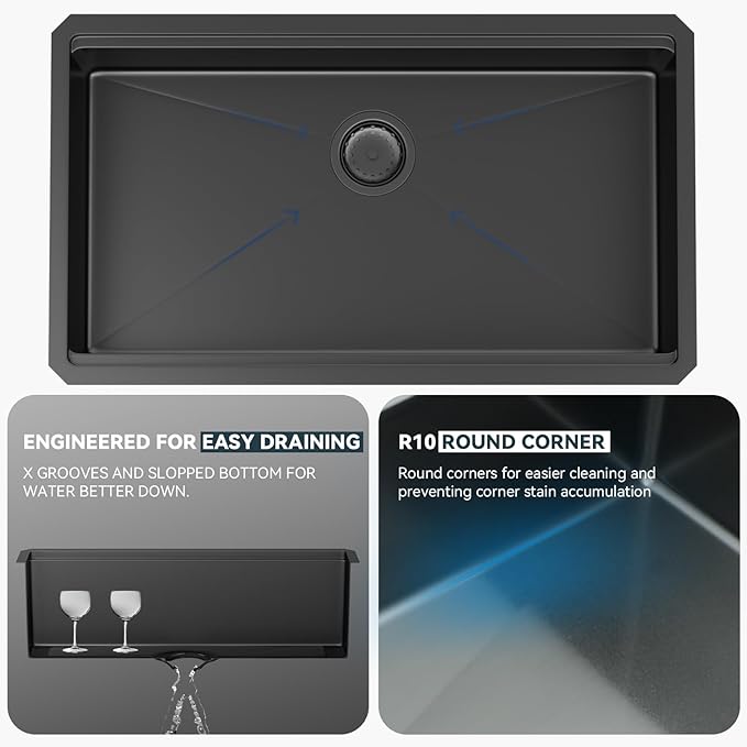 Lordear Matte Black Kitchen Sink 33 Undermount Kitchen Sink 33X19 Inch Ledge Workstation16 Gauge Stainless Steel Single Bowl Under Counter, Darker Than Gunmetal Black