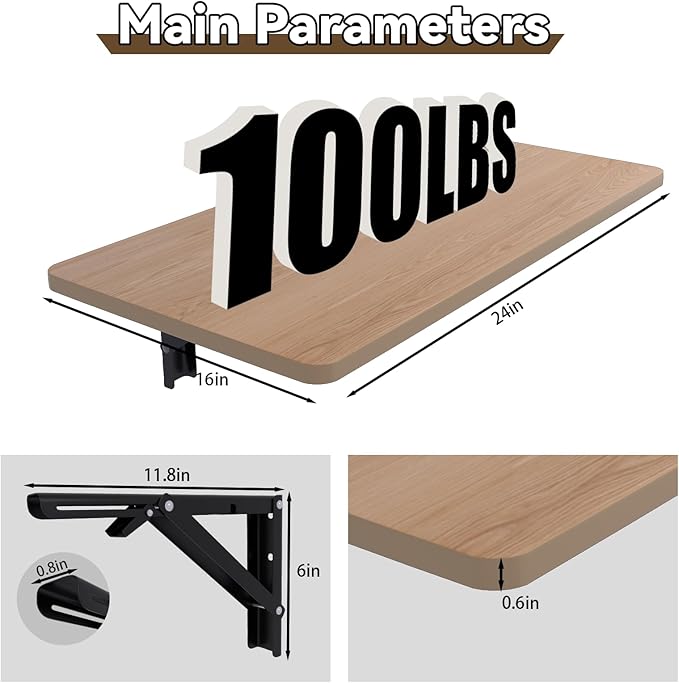 MM MELISEN Wall Mounted Folding Table 24x16 Inch (61x40cm), Fold Down Desk for Small Spaces, Solid Wood Laundry Table