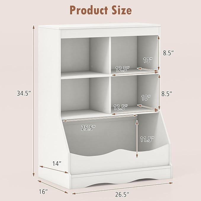 Storage Organizer, Small Bookcase w/ 4 Open Cubes & 1 Bottom Compartment, Anti-Tipping Device, Foot Pads, Low Cube Bookshelf for Bedroom, Living Room, Playroom, Study, Small Spaces (White)