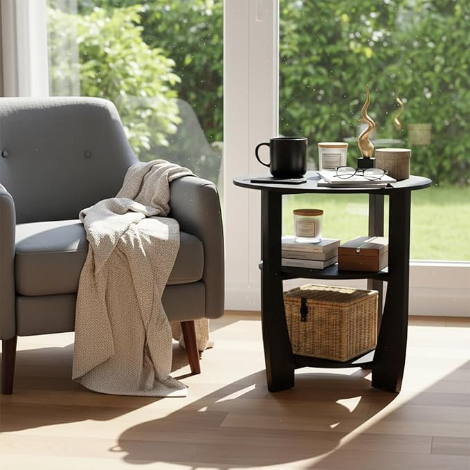 Round End Table with Storage Shelf,3 Tier Modern Side Table, Sofa Recliner Side Table,Accent Coffee Table,Nightstand for Living Room Bedroom for Small Spaces,19.7" D x 21.7" H