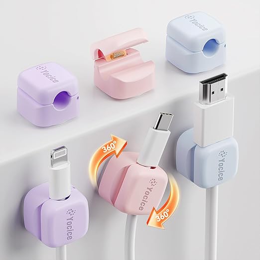 6Pack Rotatable Cord Organizer,Spring Cable Clips Desk Cable Management Cord Holder Adhesive Phone Charger Cord Clips for Home Office Car Wall Nightstand Accessories Multicolor