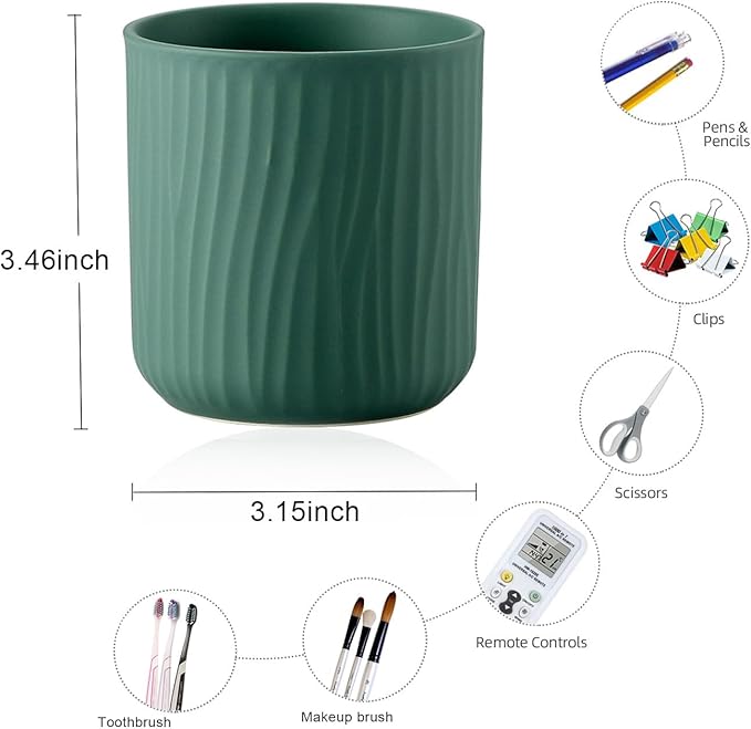 Round Ceramic Pen Holder for Desk Cute Pencil Cup Pot Desk Organizer for Girls Kids Makeup Brush Holder Dark Green
