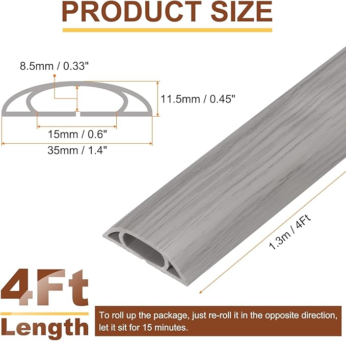HARFINGTON 4ft Cord Cover Floor W0.6 x H0.33 Inner Channel PVC Hide Extension Cable Floor Wire Hider Wire Covers Protector for Prevent Cable Trips Cables Management, Wood Grey