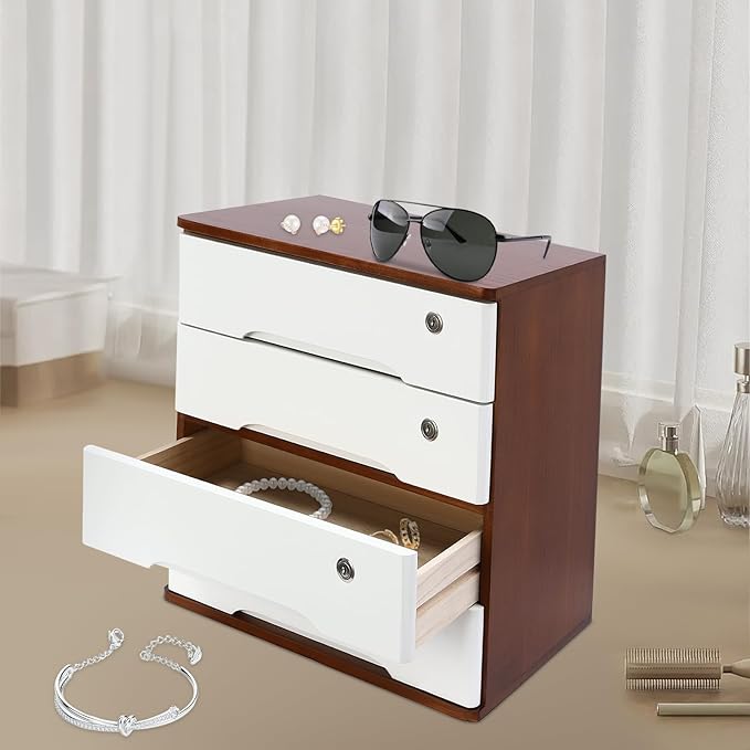 4-Tier Desktop Storage Box with Lockable Drawer, Wooden Desk Organizer for Office Supplies, Flat File Cabinet, Minimalist Design for Home & Office Use(Walnut+White)