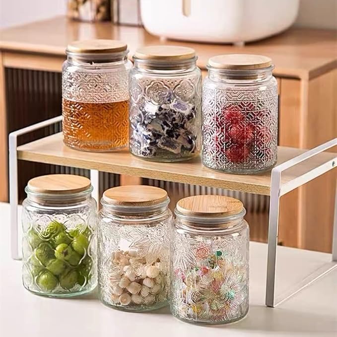 ANSQU Vintage Glass Jars Set Canister Airtight Storage Jar Container with Bamboo Wooden Lids for Kitchen Counter, Pantry, Coffee, Tea, Sugar, Cute Jar, 2 Pack 23.7 FL OZ (Begonia & Sunflower)