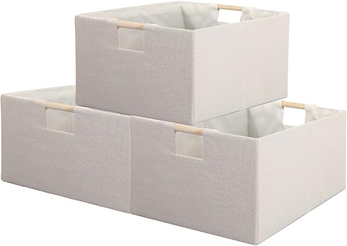 Fabric Storage Bin 3 Pack Foldable Cotton Linen Storage Basket with Wooden Handles Rectangular Cube Box - Beige, Medium