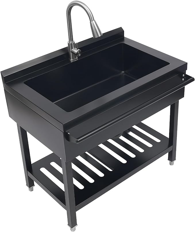 Stainless Steel Utility Sink, Free Standing Single Bowl Kitchen Sink with Pull-Out Cold/Hot Faucet, Splashback & Storage Shelf, Large Utility Sinks for Laundry, Garage 35.4 * 22.4 * 37in