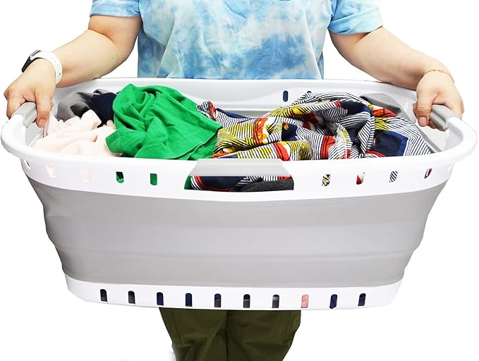 SAMMART 44L Collapsible Plastic Laundry Basket - Foldable Pop Up Storage Container/Organizer - Portable Washing Tub - Space Saving Hamper/Basket (1, White/Grey), Size: 25.4 x 17.3 x 10.2 inches