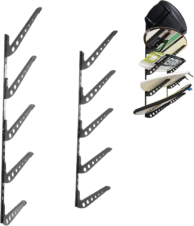 5 Board Surf Rack Wall Mount for Surfboard, Wakeboard, Snowboard Storage Adjustable Wall Hangers Boards Display, Black