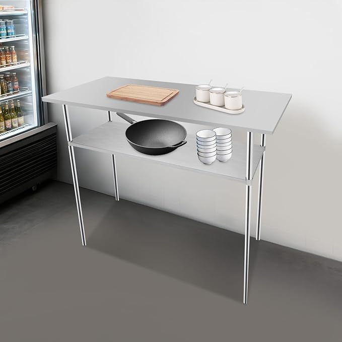 Stainless Steel Under Shelf for Workbench, 57.09x21.65 Inch Adjustable Utility Shelf with Corner Sleeve Holes, Rectangular Metal Work Table Under Shelf for Kitchens, Living Rooms, Workshops, Garages