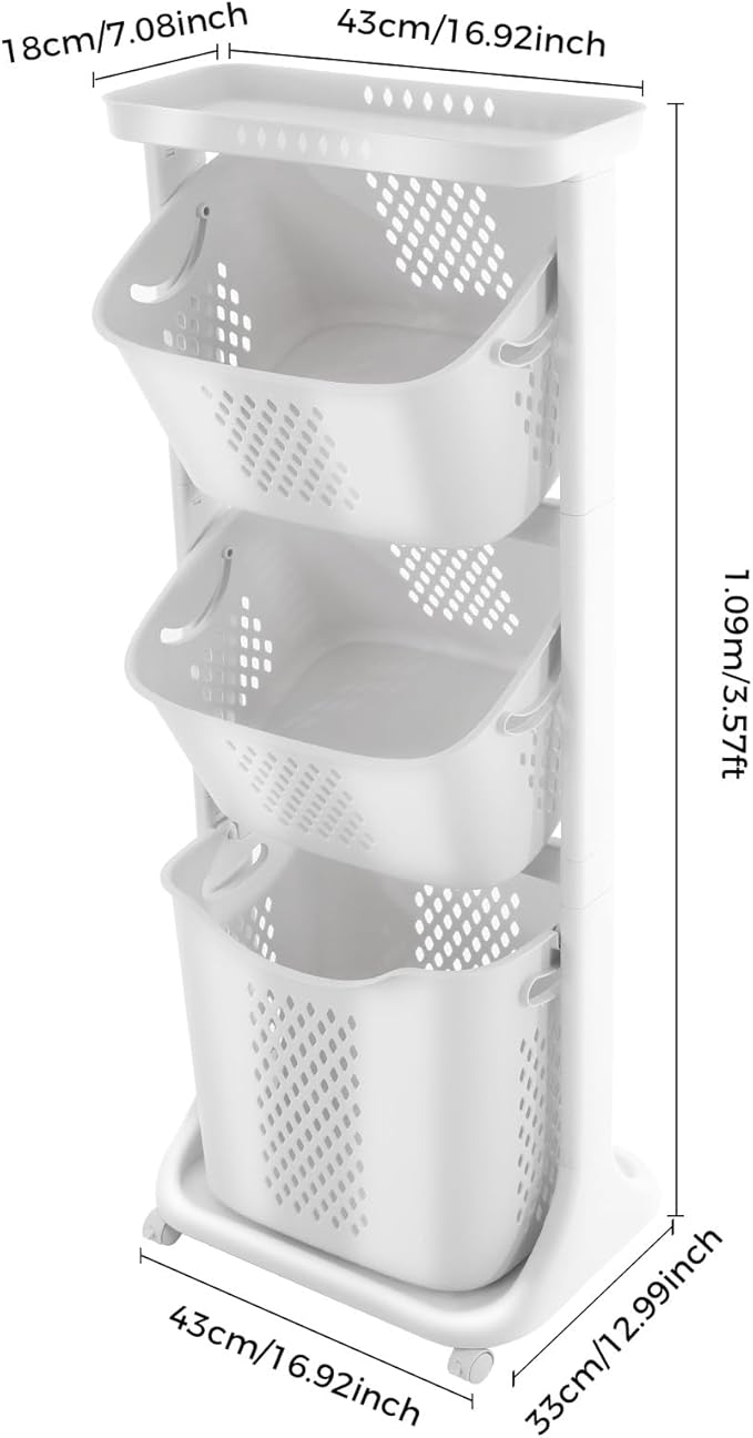 3 Tier stackable Laundry Basket Sorter Portable Rolling Cart Clothes Storage Porous Design With Wheels For Clothes Toiletries Bathrooms Laundry Rooms Bedrooms White