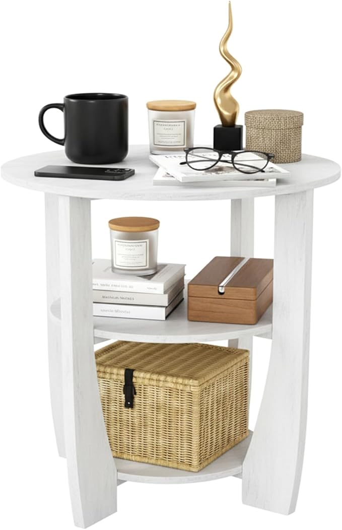 White Round Side Table, 3-Tier End Table with Storage Shelves, Modern Farmhouse Nightstand for Bedroom, Living Room, Nursery & Small Spaces,19.7" D x 21.7" H