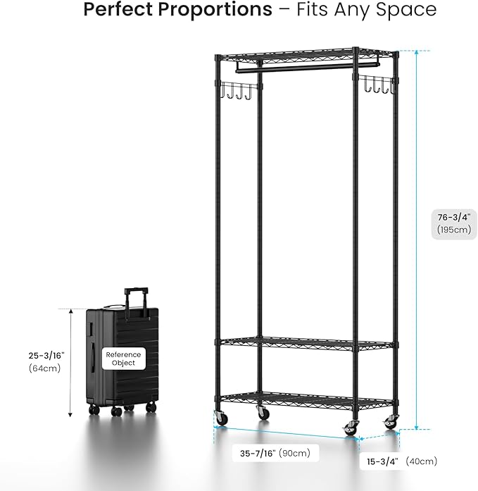 Garment Rack Heavy Duty 3 Tiers Adjustable Freestanding Metal Rolling Clothing Rack with Double Rods and Side Hooks for Hanging Clothes, Black