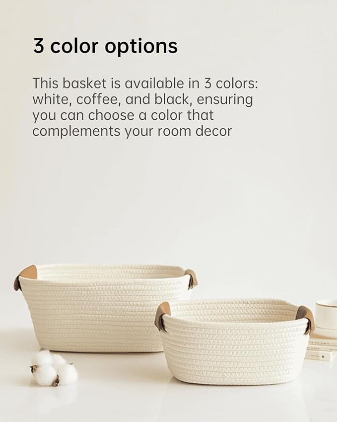 Large Cotton Woven Blanket Basket with PU Leather Handle, Kids Clothes Toys Gifts Organizer, Living Room Basket Bathroom Shower Storage Laundry Basket, White