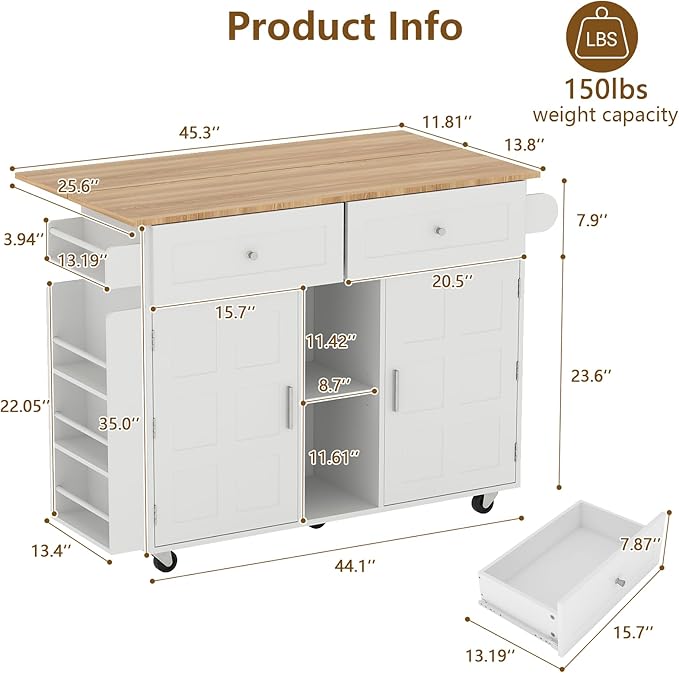 YOURLITE Kitchen Islands with Wheels, 45" Kitchen Island with Drop Leaf, Home Bar Table with Spice Rack & with Trash Cabinet, Rolling Island Table for Dining Room with Power Outlet, White
