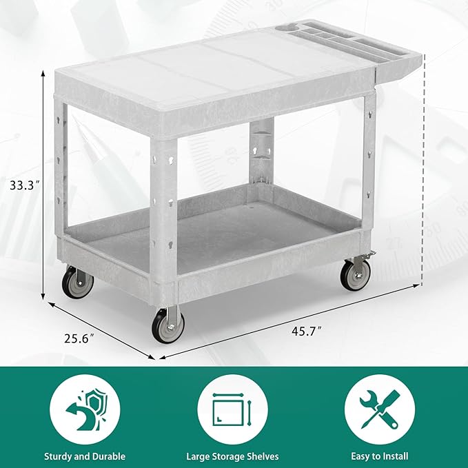 Heavy Duty Utility Rolling Tool Cart, 1000 lbs Capacity Flat Top Plastic Rolling Carts with 360°Swivel Wheels, 46 x 25 Inch Service Cart, 2 Shelf Work Cart for Warehouse,Garage, Cleaning. Grey