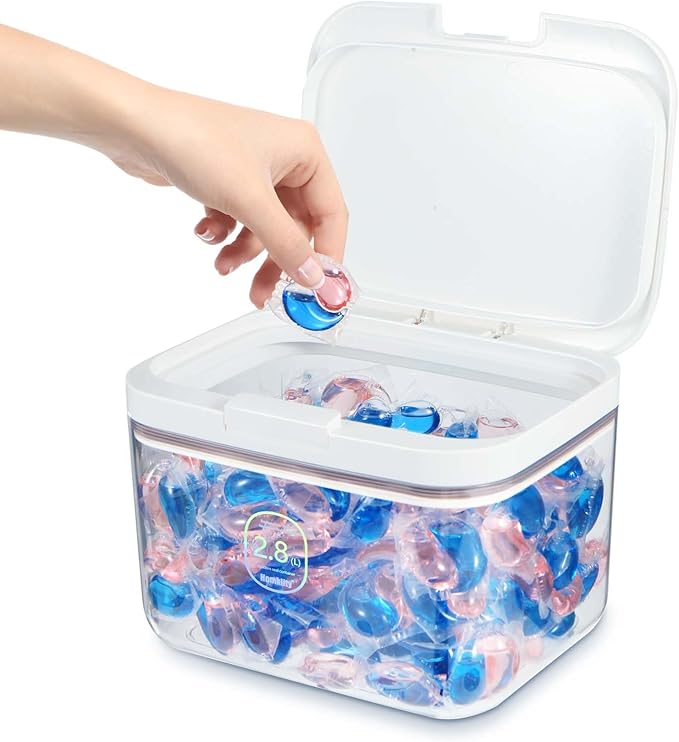 Laundry Pod Container, laundry pod holder with Lid, Sealed and automatic pop-up, Large Capacity Holds 115 Laundry Pods for Laundry Room Organization Laundry & Dishwasher Pod Laundry Container