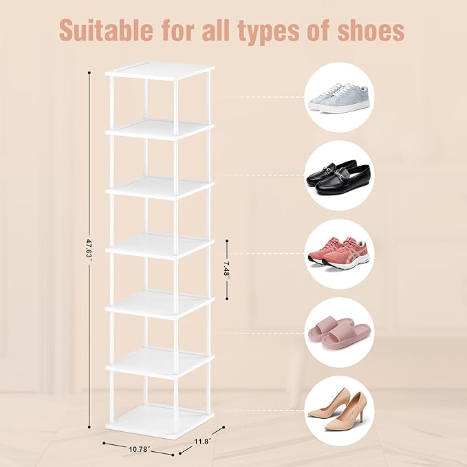 Bamboo Free Standing Shoe Rack Shelf Multi Tier Tall Wooden Stackable Shoes Rack Organizer for Closet Front Door Entrance Narrow Vertical Shoe Storage Rack for Corner Stand (White, 7 Tiers)