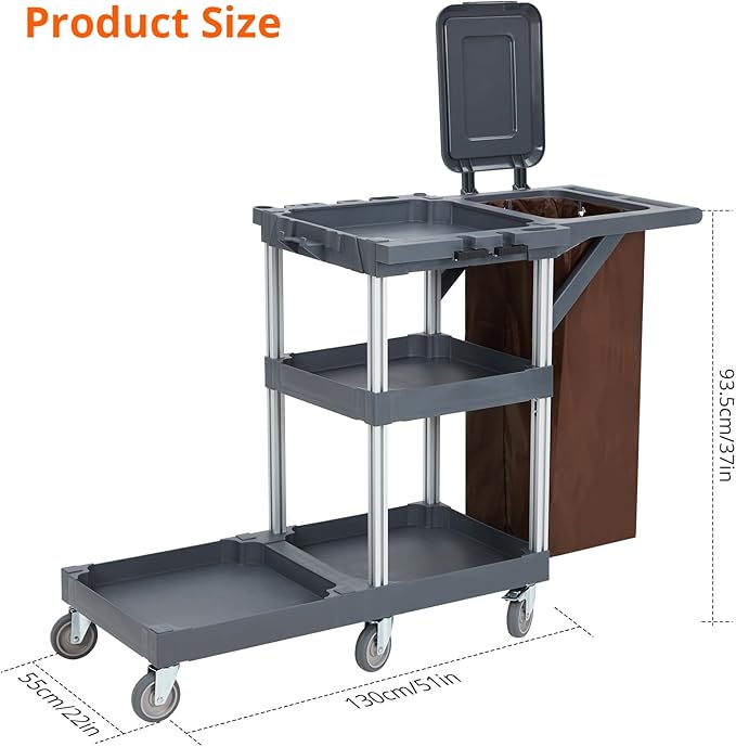 Commercial Janitorial Cart, 3-Shelf Housekeeping Cleaning Cart with Wheels, Cover, Shelves, and Oxford Bag, Traditional Janitorial Cart for School Hotel Apartment