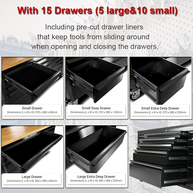 2 Pack - 72" Rolling Tool Chest with 15 Drawers + 3 Upper Cabinets, Matte Black Mobile Workbench, Lockable Large Tool Box with Wheels for Garage (1 × HTC7218PC + 1 × HTC7215PC-1)