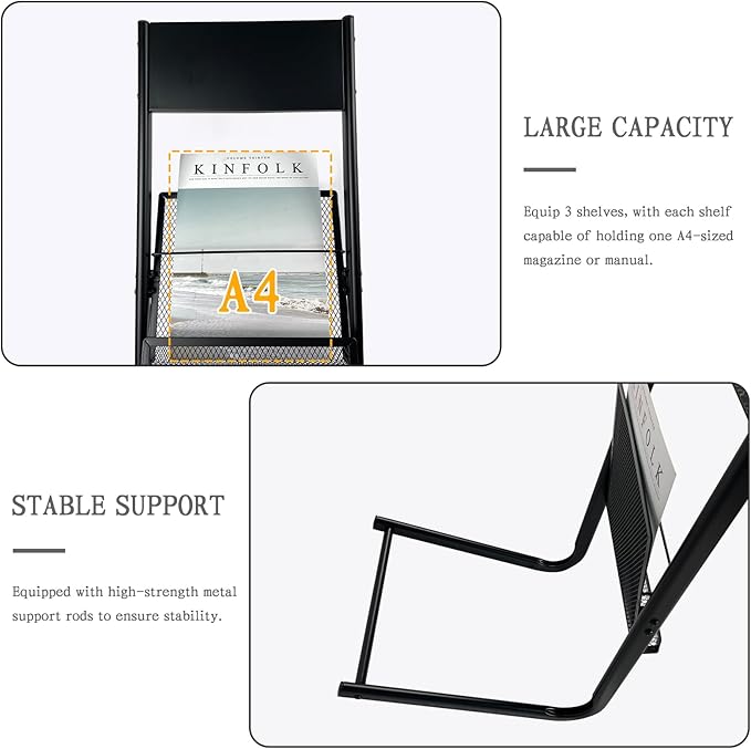 TONGMO Floor-standing 3-Layer Magazine Rack, Brochure Display Stand, made of high-hardness metal, suitable for Exhibitions, Offices, and any organization requiring information display. (3F-Black)