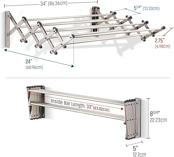 Smartsome | Wall Mounted | Clothes Drying Rack | 34" Wide | 22.5 Linear Feet Capacity | 8 Smooth Round Stainless Steel Rods | 60 lb Capacity | Fully Assembled | Compact Sturdy Space-Saving Design