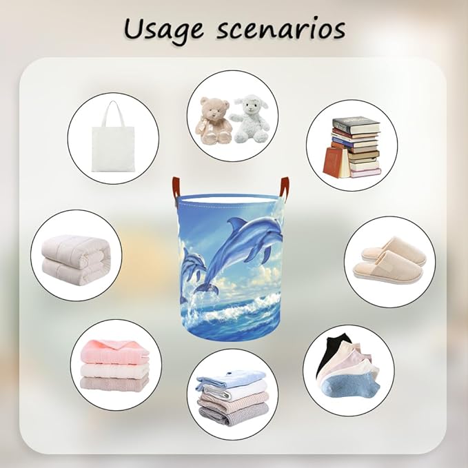Laundry Baskets 15.7x19.7 Inch Large Dolphin Ocean Design Collapsible Laundry Hamper with Handles Oxford Fabric Clothes Storage Bin Foldable Dirty Clothes Organizer for Bathroom Bedroom Dorm
