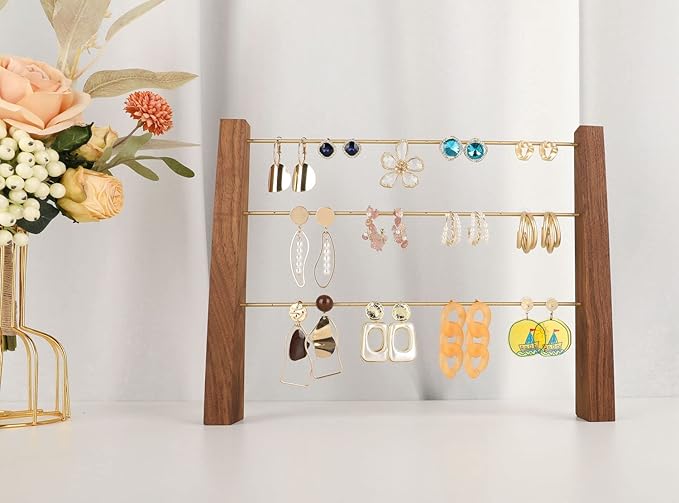 GemeShou 3 Tiers Walnut Earring display stands for selling, Wooden Jewelry Shelf, Earring Storage Organizer, Brass earring holders with 42 holes for stud Dangle Hoop【Walnut 3-Tier Height 9.45"】