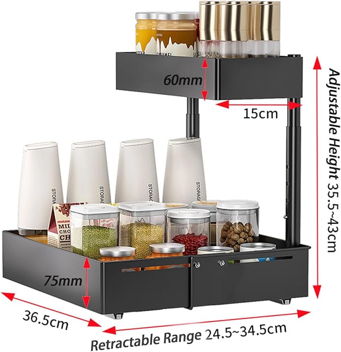 Under Sink Organiser,2 Tier Pull Out Cabinet Organiser,Height Adjustable Out Cabinet Drawer,Multi-Purpose Slide Out Storage Shelves for Home,Kitchen,Bathroom (White) (Black)