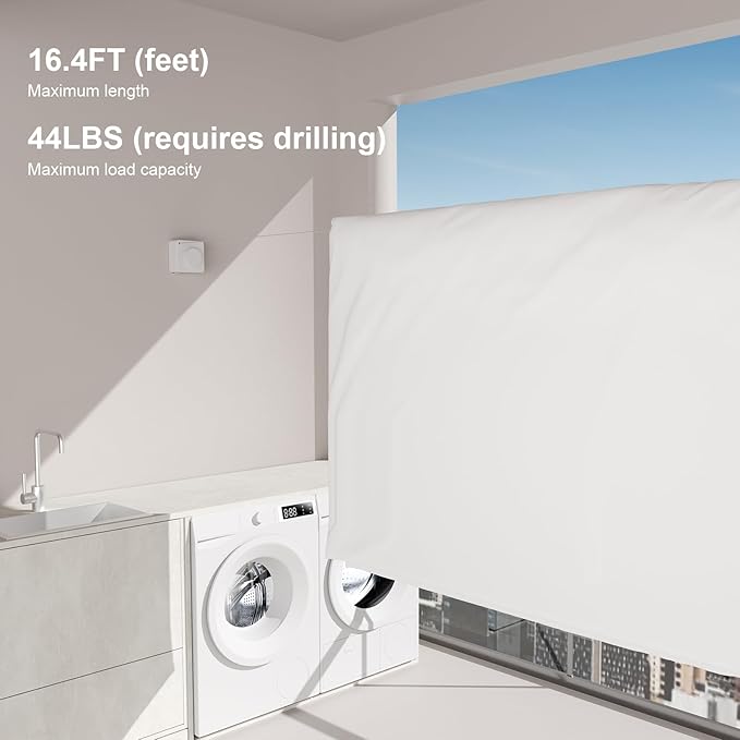 Suntree Retractable Clothesline in White - 16.4ft No-Sag Stainless Steel Cable, 5 Clips, 2 Installation Kits (No Drill/Drill), 44lb Heavy Duty Wall Mount Indoor Outdoor Laundry Drying Rack