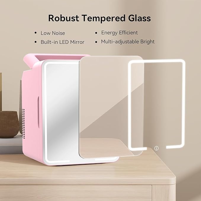 12L Skincare Fridge with Mirror & LED Lighting, 3-Mode Dimmable, Cooler & Warmer for Makeup, Cosmetic, Beauty, Portable Mini Beauty Fridge for Bedroom, Vanity, Car & Home Use