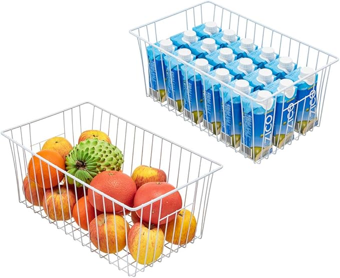 Freezer Basket Organizer, Refrigerator Metal Wire Storage Divider, Household Container Bins with Handles for Kitchen, Pantry, Cabinet, Closets - Pearl White (4, 16in x 9in x 7in)