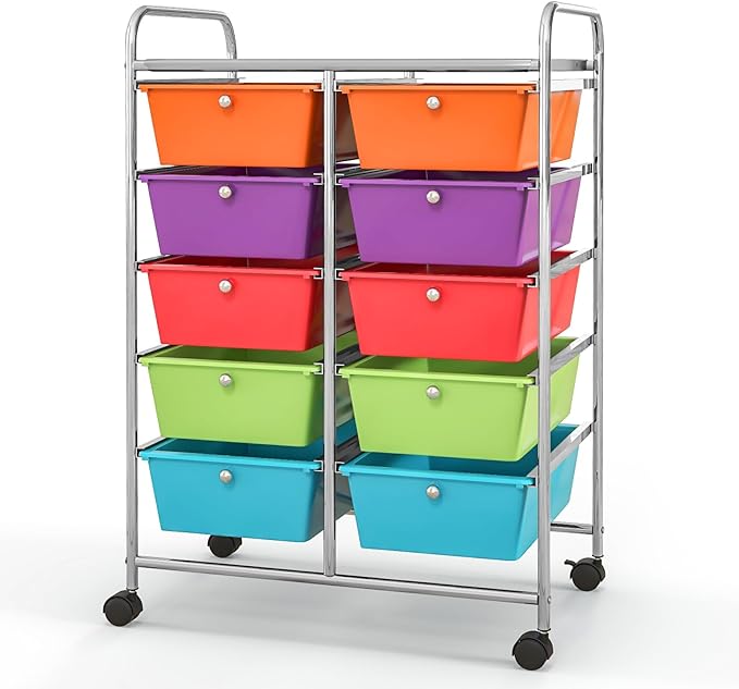 Giantex 10 Drawers Rolling Cart, Classroom Organizers, Storage Cart with Wheels, for Teacher Office Home School Supplies Tool Craft Art Paper, Rainbow Color
