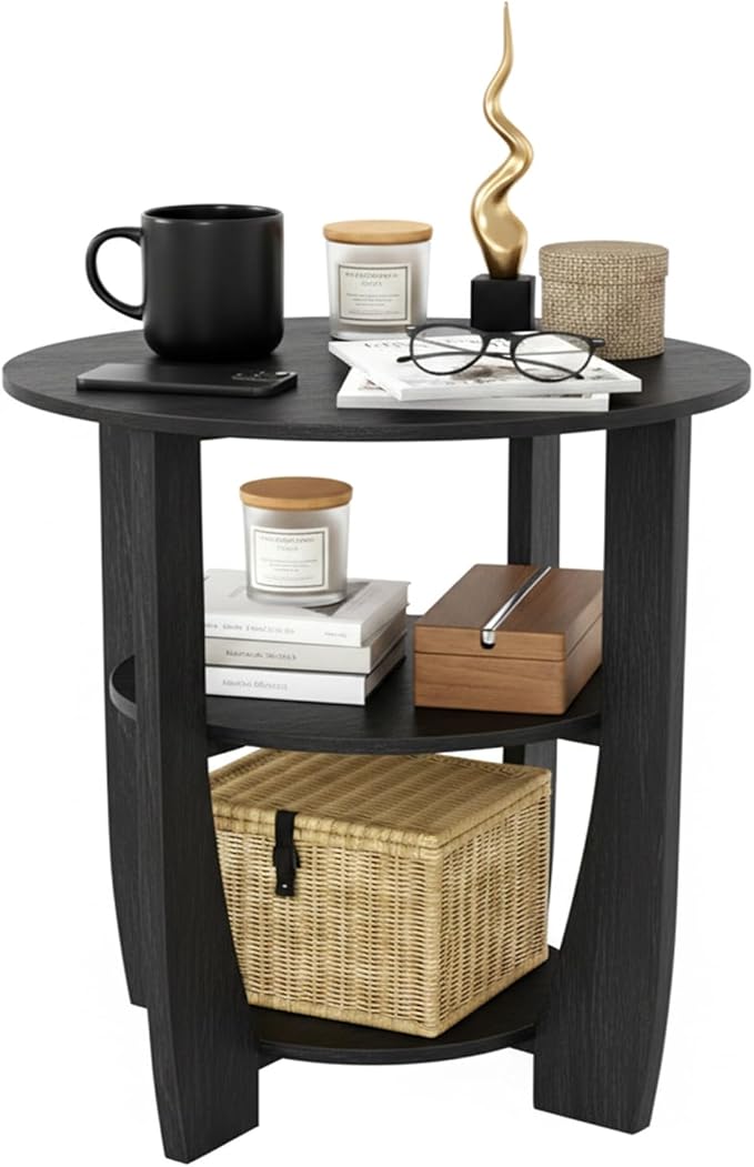 Round End Table with Storage Shelf,3 Tier Modern Side Table, Sofa Recliner Side Table,Accent Coffee Table,Nightstand for Living Room Bedroom for Small Spaces,19.7" D x 21.7" H