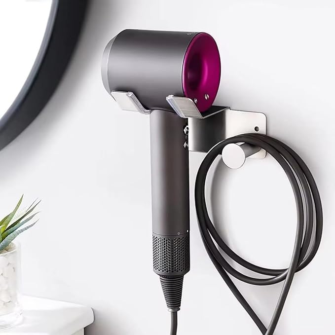 Hair Dryer Holder Stainless Steel, Blow Dryer Holder Self Adhesive, Dyson Hair Dryer Holder Wall Mounted Compatible with Dyson, Hairdryer Holder for Bathroom Silver PTALSEAW
