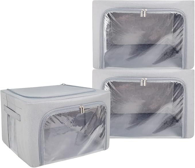 UUBEMM Clothes Storage Bins with Foldable Sturdy Frame,Stackable Storage Box for Closet Shelf Organizers for Seasonal Clothing,Blankets,Towel Bed Sheets,Toys Gift Others (Medium -40L x3PACK, Grey)