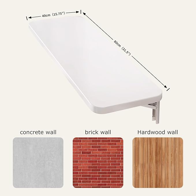 Wall Mounted Folding Wood Table, Folding Table with Heavy Duty Metal for Laundry Collapsible Shelf Brackets, Wall Mounted Desk Fold Down for Small Spaces White 80 * 40cm/31.5”*15.7”